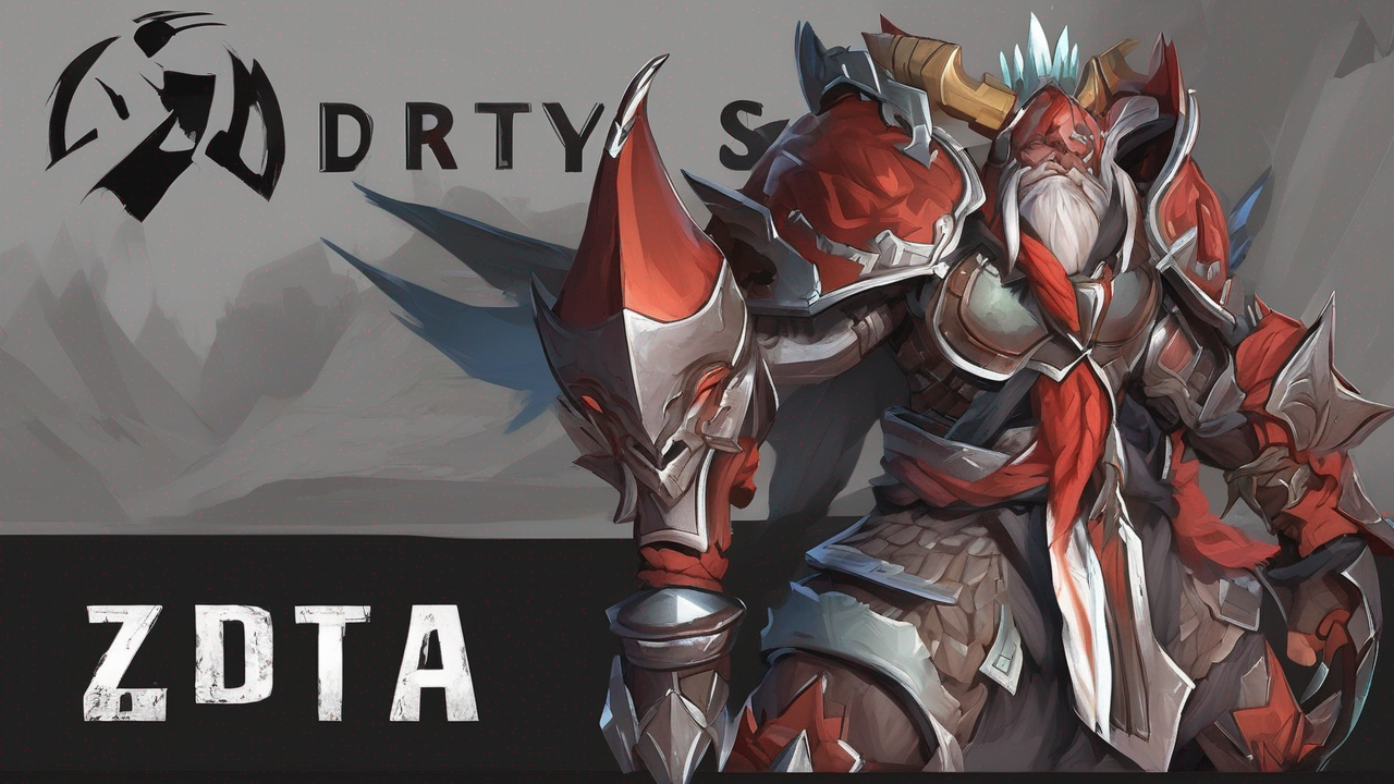 Artystyczne tło z elementami z gry Dota 2, ciemne odcienie z akcentami kolorystycznymi charakterystycznymi dla gry