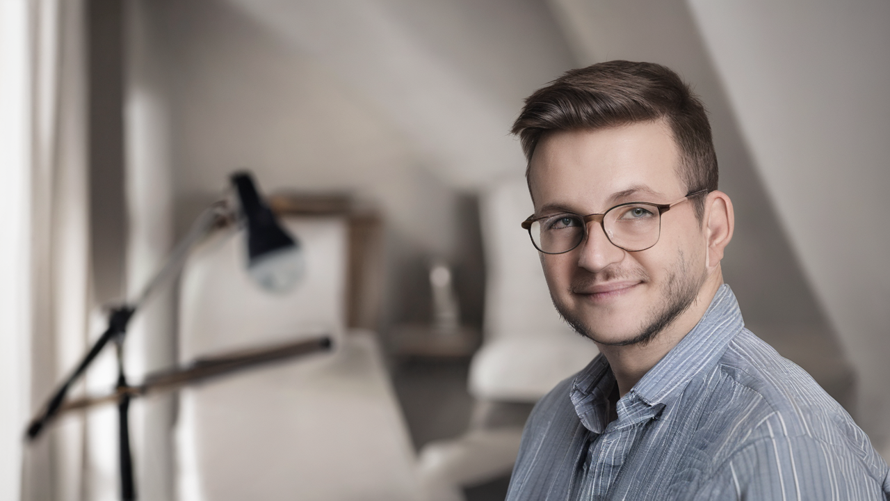 Portret zadowolonego klienta, mężczyzna w okularach z profesjonalnym wyglądem